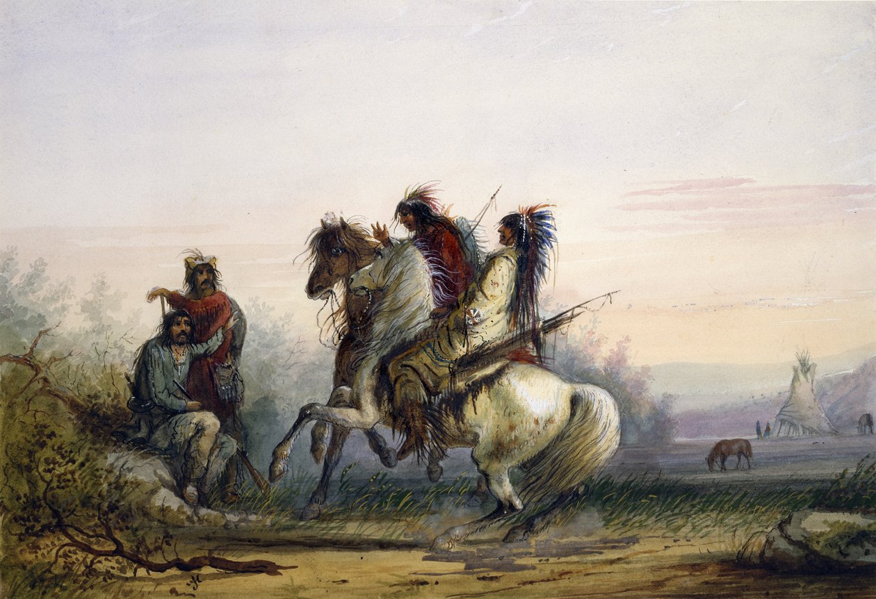 Vallenstellers en indianen communiceren via gebaren door Alfred Jacob Miller