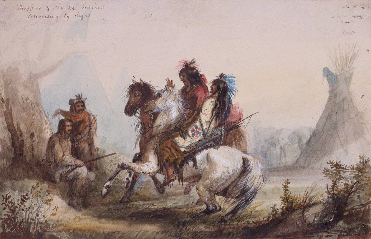 Trappers en Slangenindianen die met Tekens Praten, c.1837 door Alfred Jacob Miller