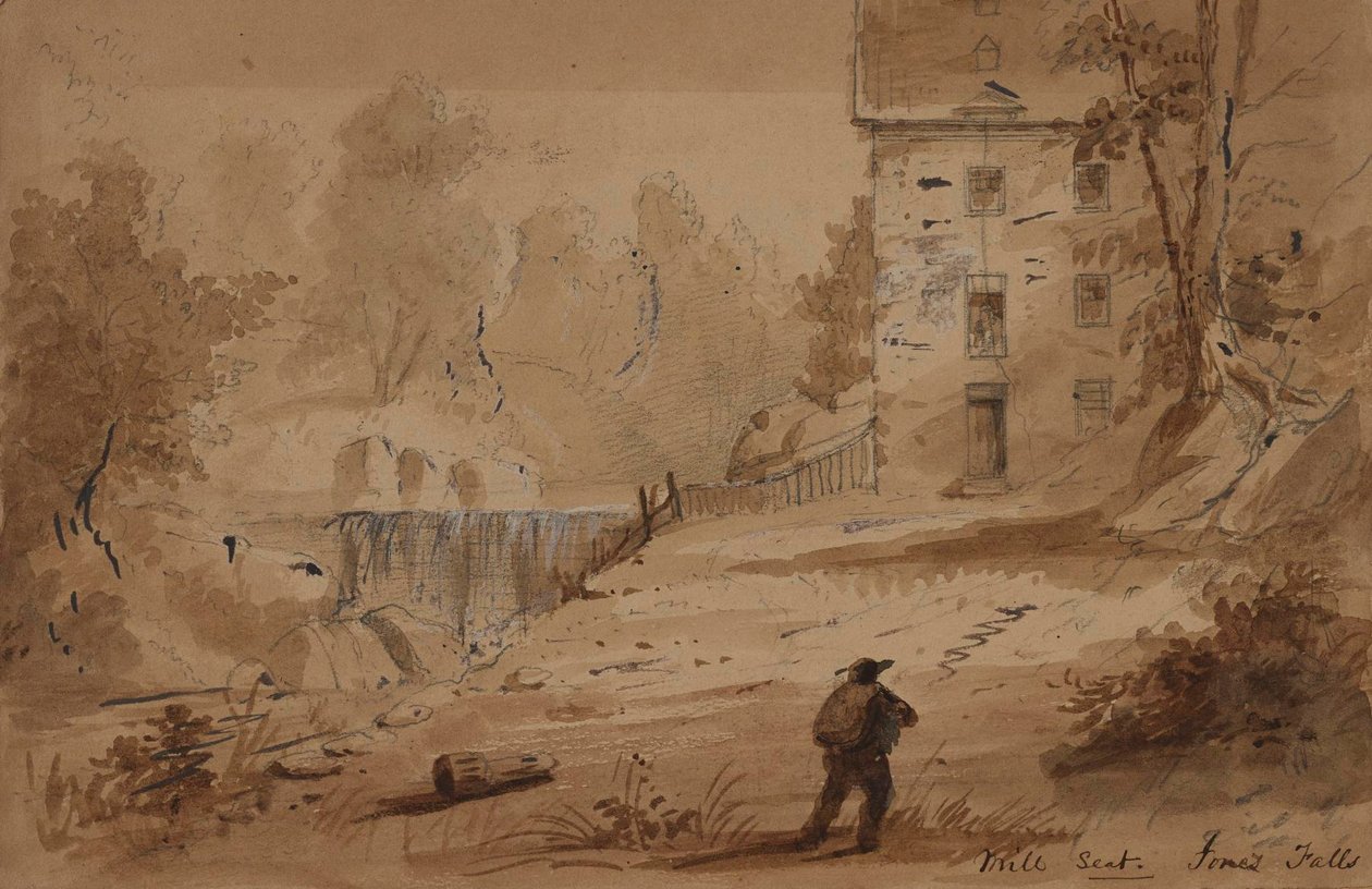 Uitzicht op een huis en watervallen door Alfred Jacob Miller