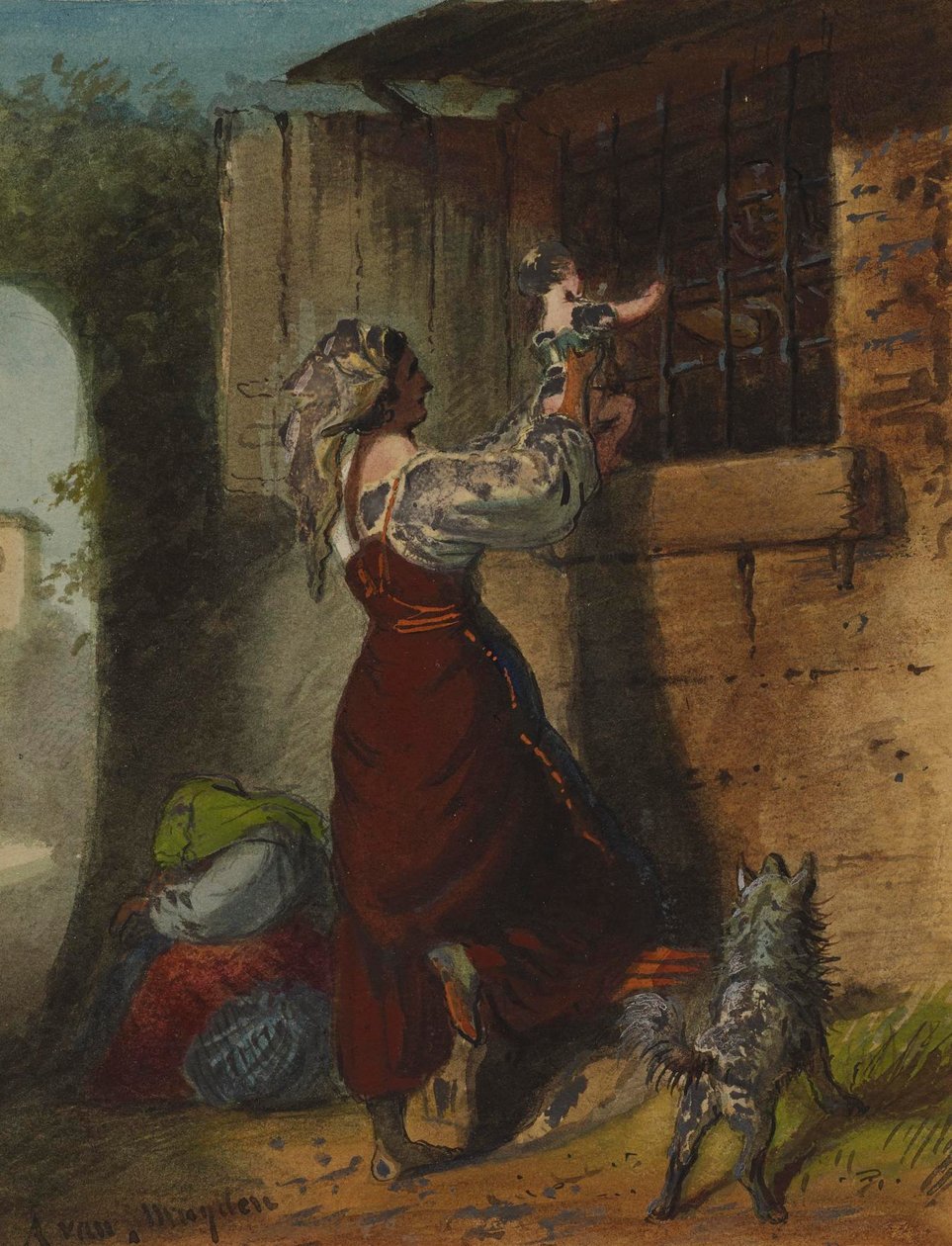 Vrouw die een baby naar het celraam tilt door Alfred Jacob Miller
