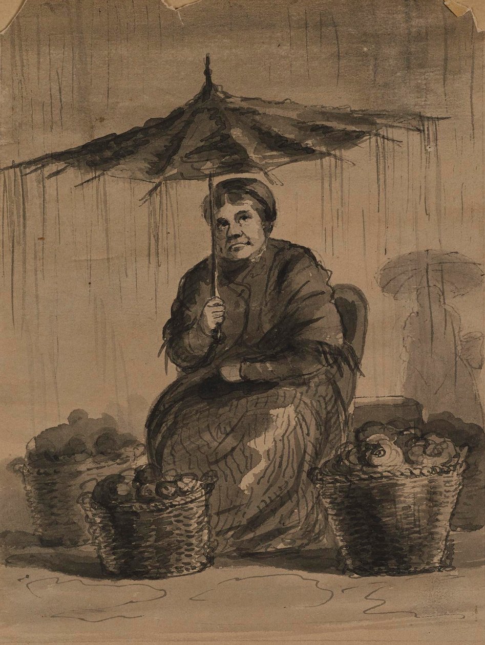 Vrouw onder een paraplu op een markt door Alfred Jacob Miller