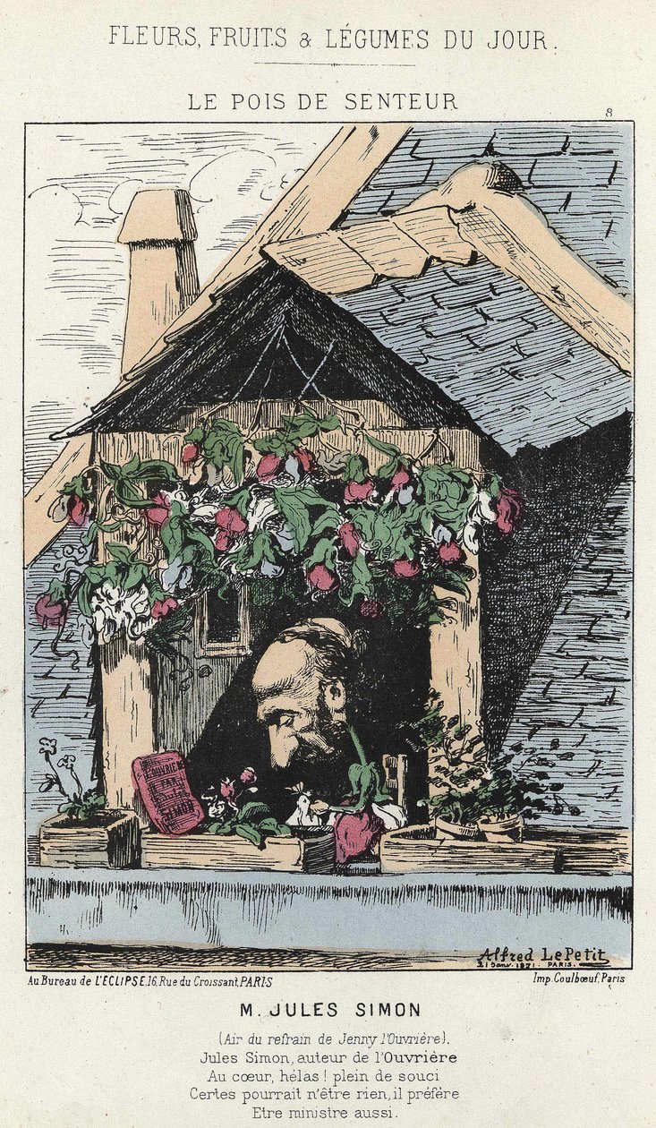 Le Peas de Fragreur: karikatuur over Jules Simon (1814 - 1896) - ill. van 12/01/187 in “Bloemen, Fruit en Groenten van de Dag” door Alfred Le Petit