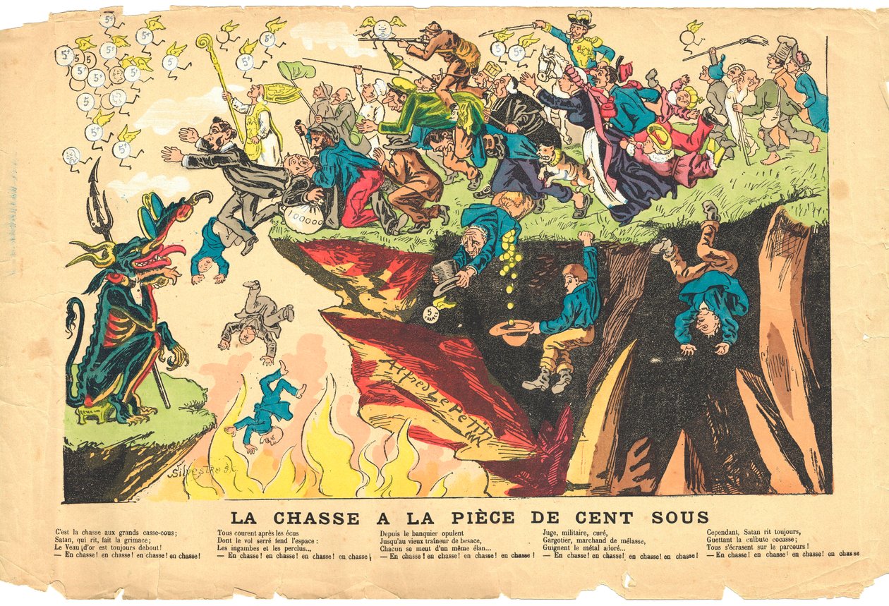 Vliegend blad, Satirisch in kleuren, circa 1878: Jacht op een honderd sub stuk - Zilver - Duivel, Priesters Illustratie door Alfred Le Petit door Alfred Le Petit