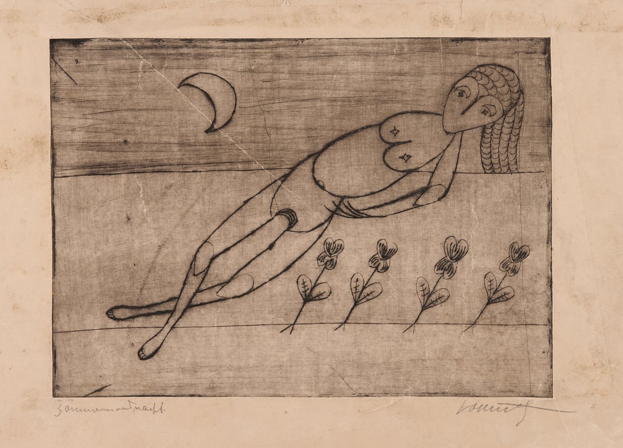 Halve maan, bloemen en vrouwelijk naakt (ets en aquatint op papier) door Alfred Lomnitz