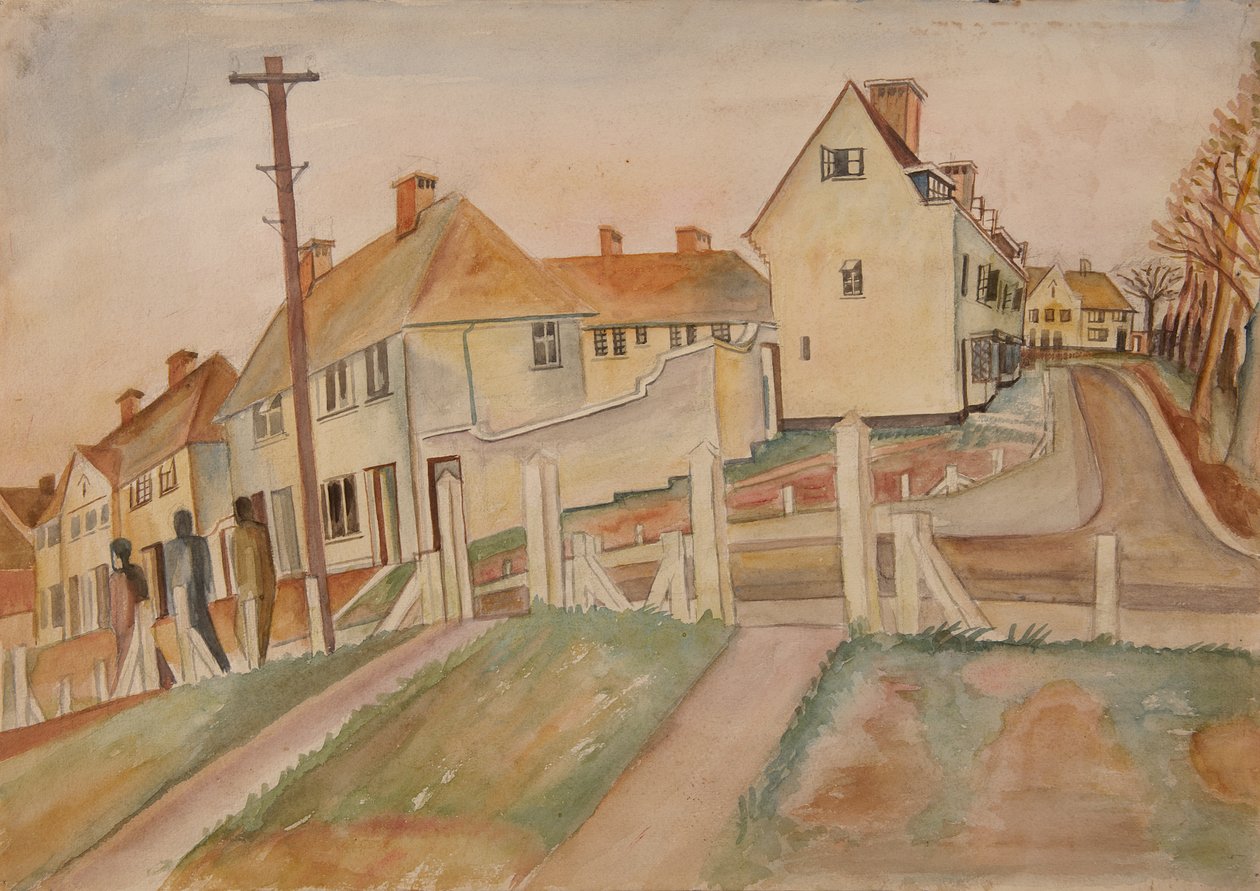 Suburban Scene (aquarel en potlood op papier) door Alfred Lomnitz