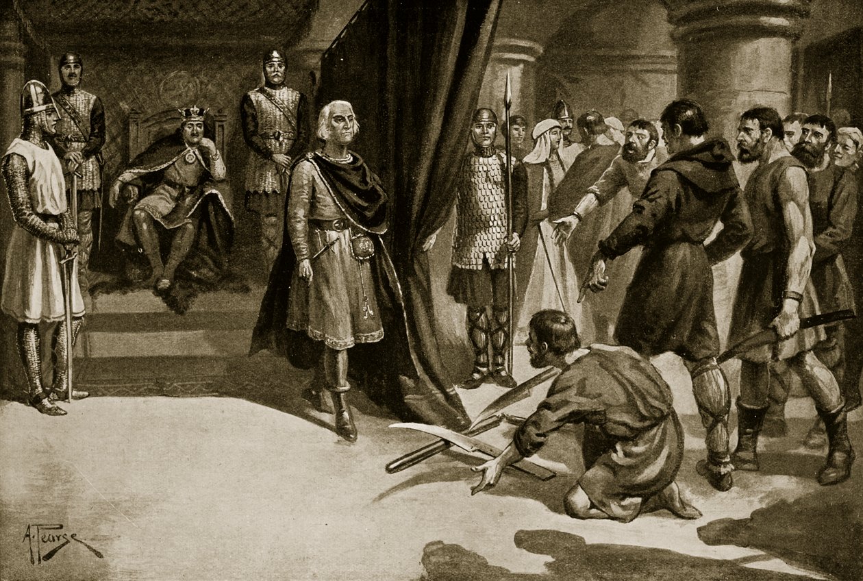 Boeren gooien hun ploegscharen neer aan de voeten van Hendrik I, illustratie uit 