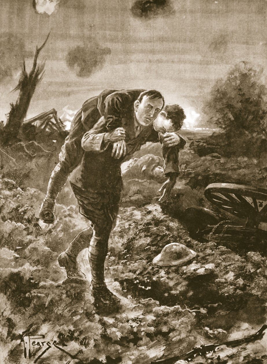 Tijdelijke luitenant G. St. G. S. Cather brengt een gewonde man binnen in het volle zicht van de vijand en onder mitrailleur- en artillerievuur door Alfred Pearse