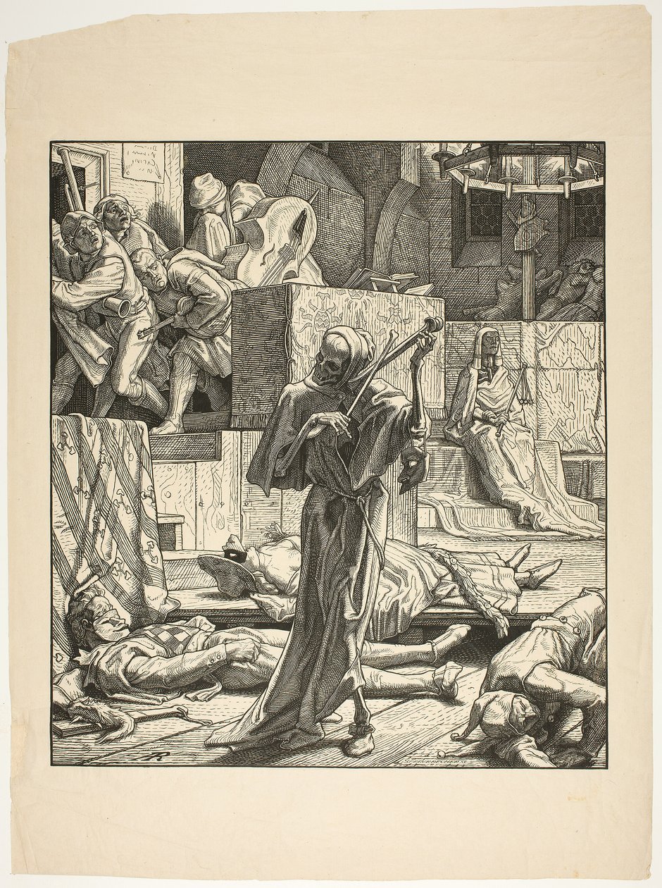 De dood de wurger, de eerste uitbraak van cholera op een gemaskerd bal in Parijs, 1831 door Alfred Rethel