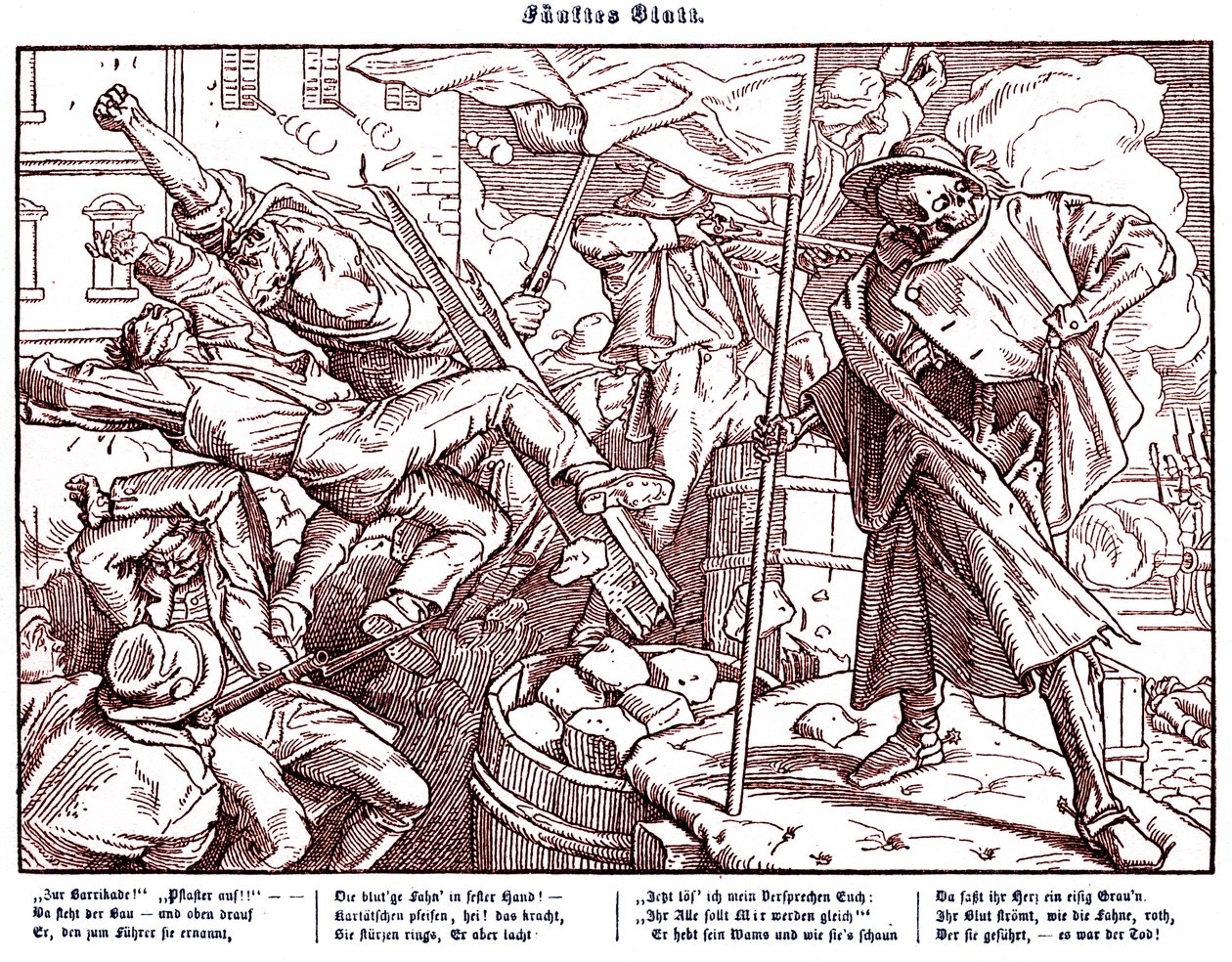 Totentanz 1848: De dood leidt revolutionaire burgers door Alfred Rethel