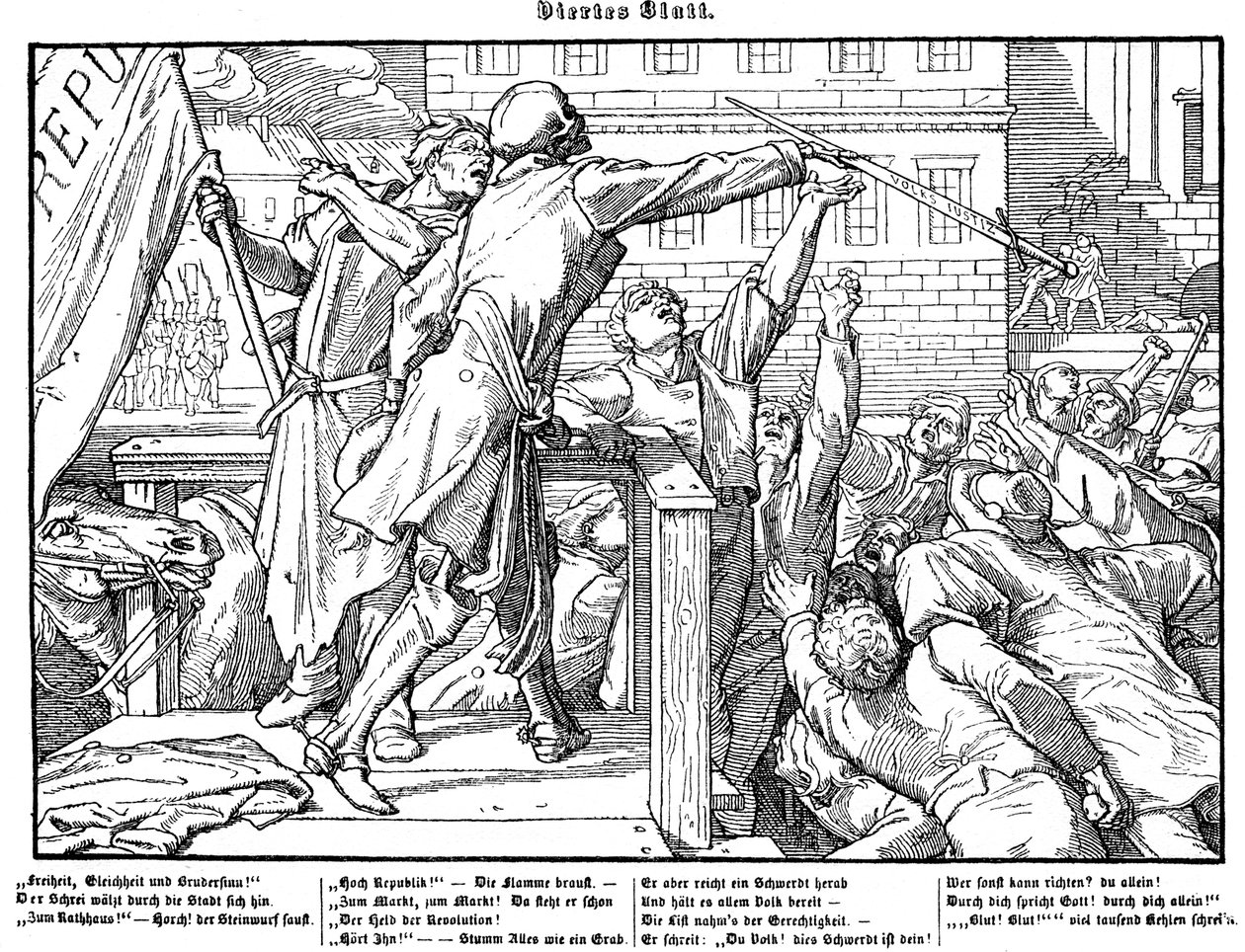 Totentanz 1848: De dood biedt het zwaard van gerechtigheid aan door Alfred Rethel