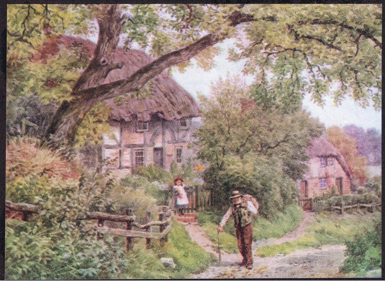 Een zijweg bij Houghton, Suffolk, uit The Cottages and the Village Life of Rural England gepubliceerd door Dent & Sons Limited, 1912 door Alfred Robert Quinton