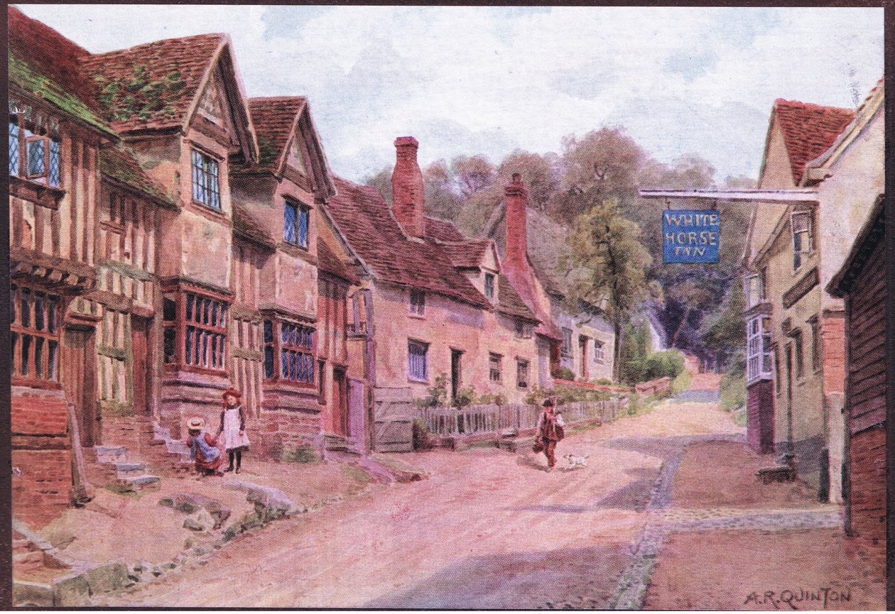 Huizen vroeger bewoond door wevers, Kersey, Suffolk, uit The Cottages and the Village Life of Rural England gepubliceerd door Dent & Sons Limited door Alfred Robert Quinton