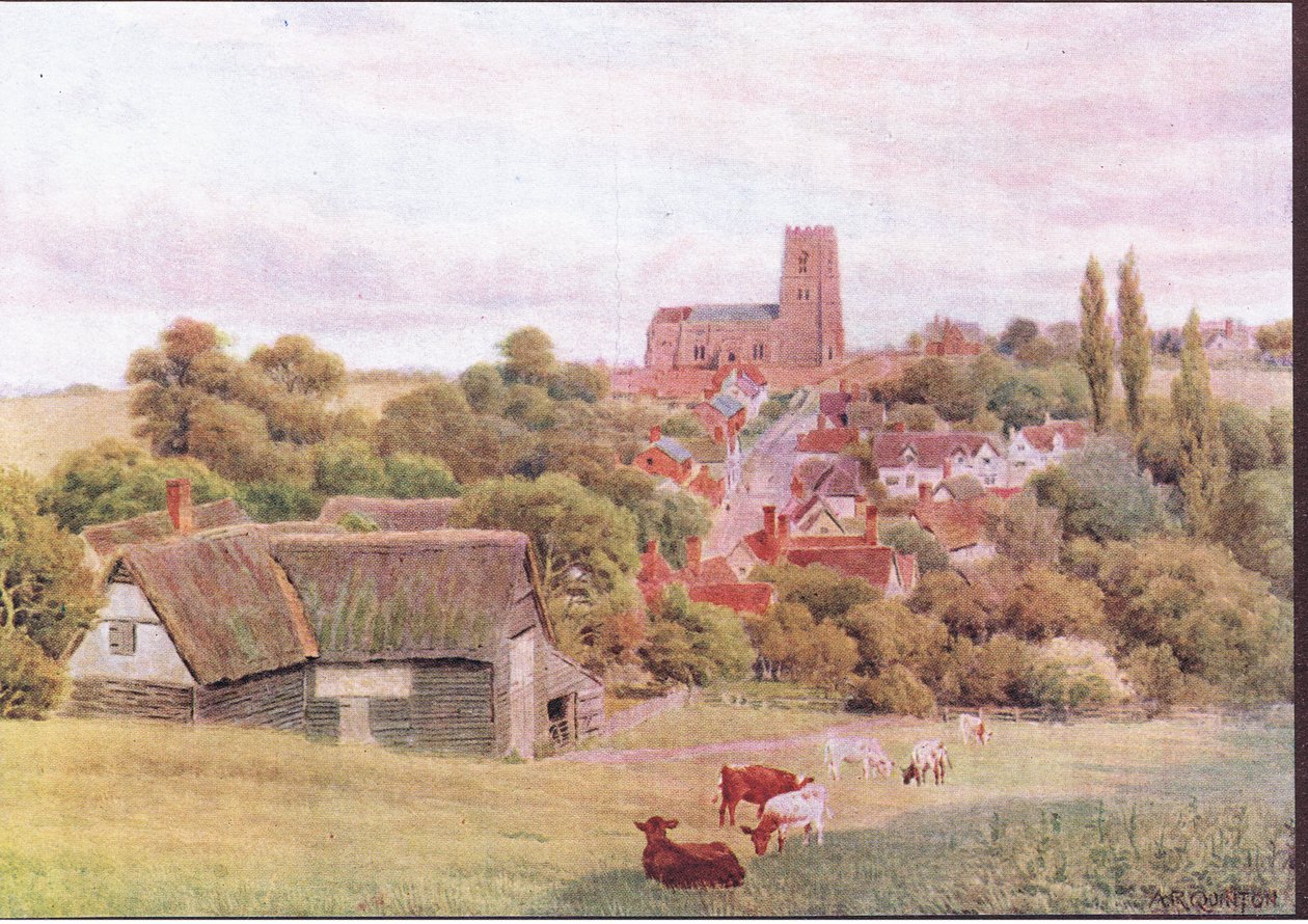 De kerk op de heuvel, Kersey, Suffolk, uit The Cottages and the Village Life of Rural England gepubliceerd door Dent & Sons Limited, 1912 door Alfred Robert Quinton