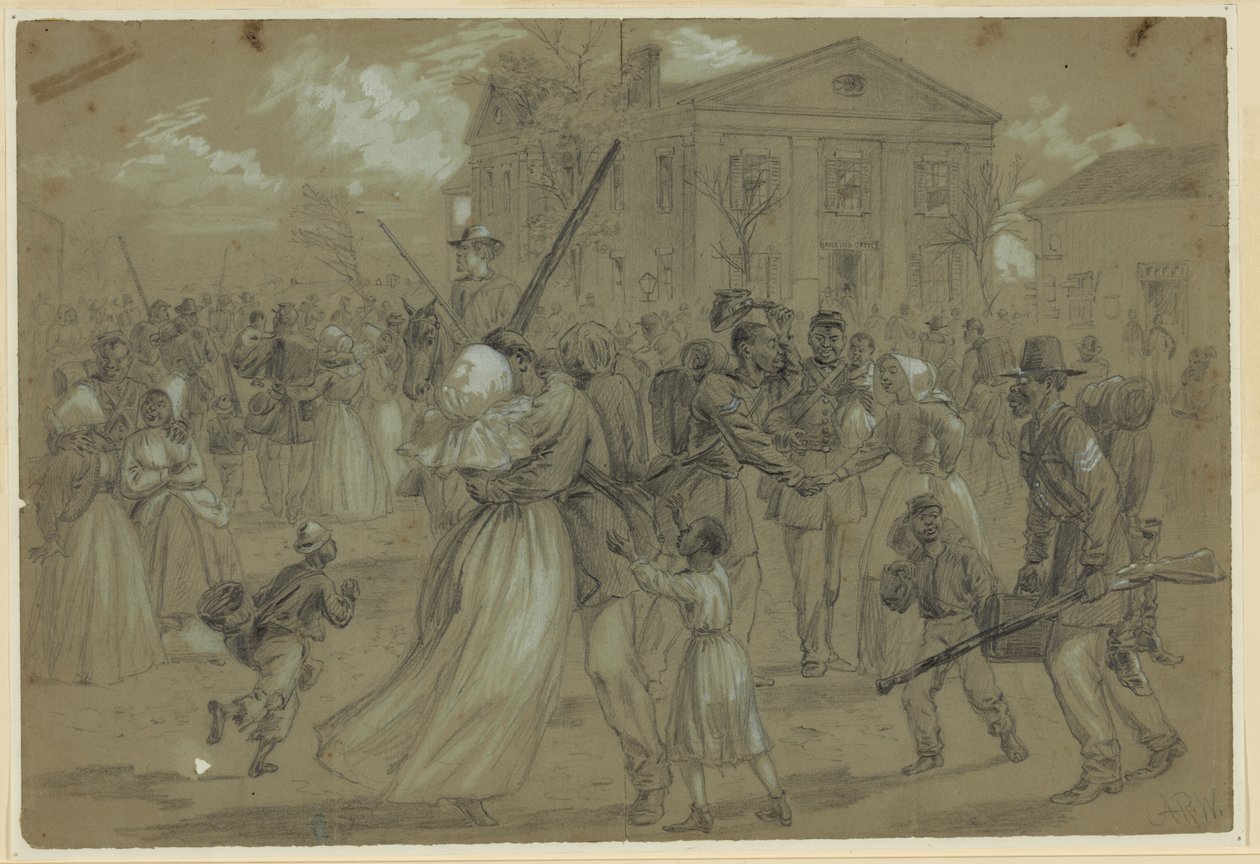 Afrikaans-Amerikaanse soldaten afgezwaaid in Little Rock, Arkansas door Alfred Rudolph Waud