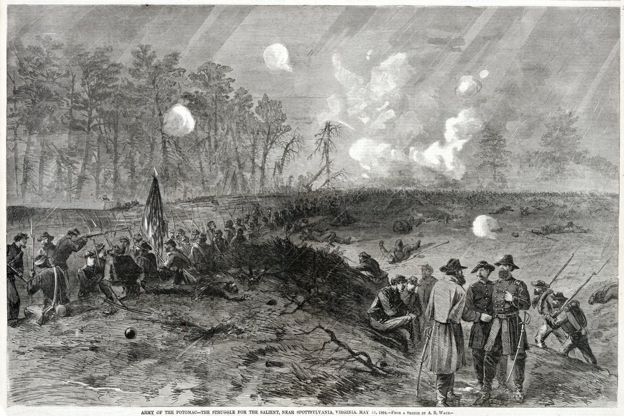 Leger van de Potomac - De strijd om de Salient, nabij Spottsylvania, Virginia. 12 mei 1864, uit Harpers Weekly, uitgegeven 1864 door Alfred Rudolph Waud