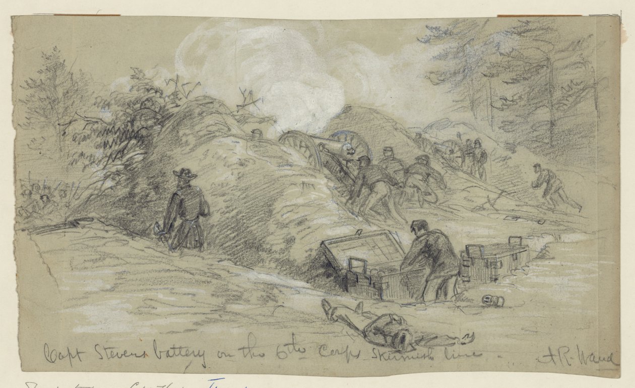 Batterij van Kapitein Stevens op de schermutselingslinie van het 6e Korps door Alfred Rudolph Waud