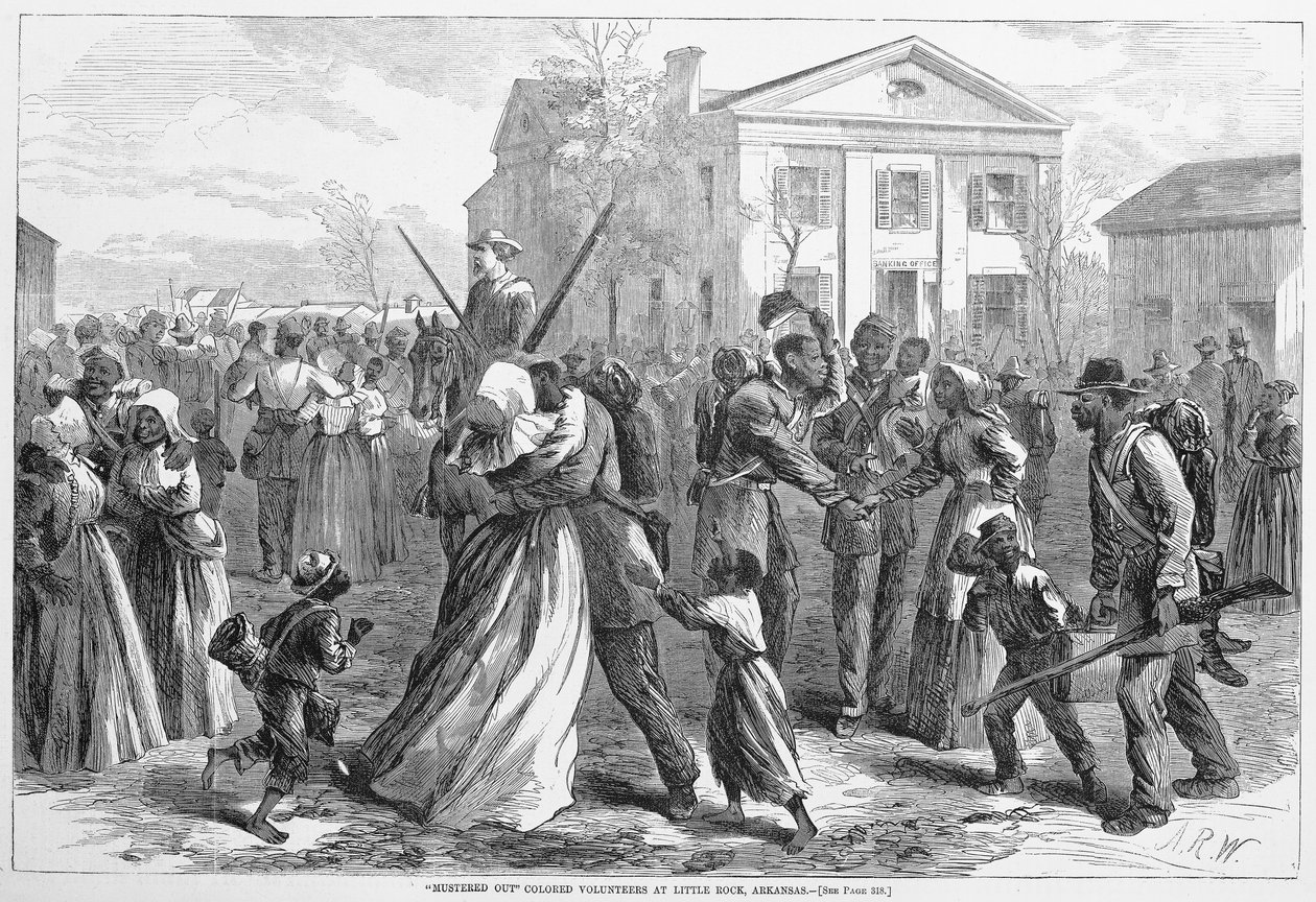 Afgezwaaide Gekleurde Vrijwilligers in Little Rock, Arkansas, uit Harpers Weekly door Alfred Rudolph Waud