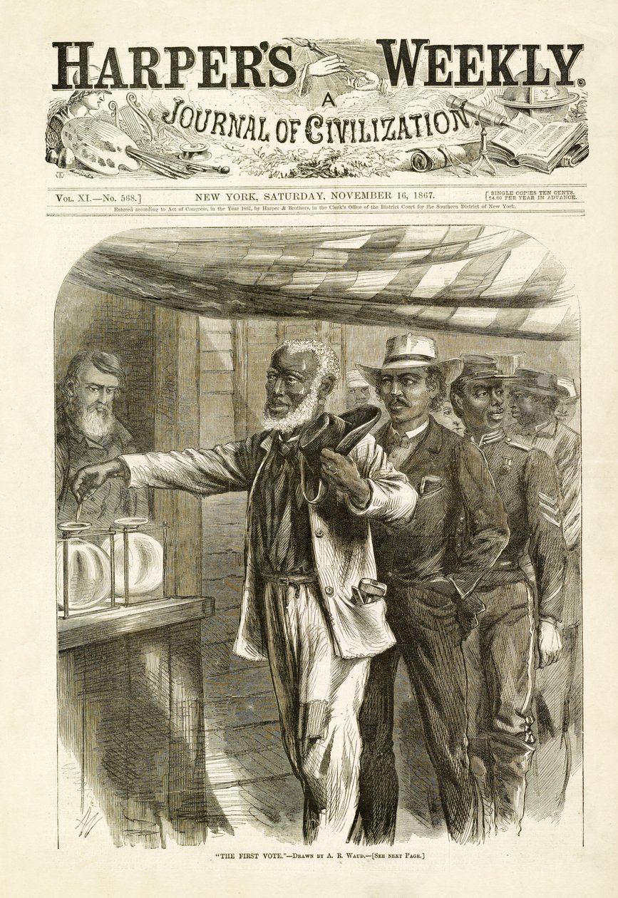 De eerste stem, gepubliceerd in Harpers Weekly, 1867 door Alfred Rudolph Waud