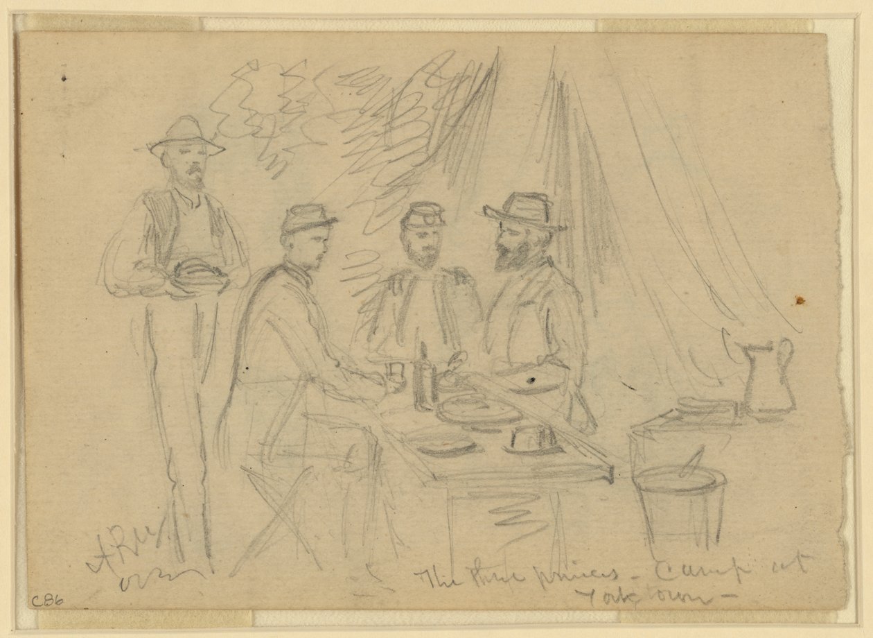 De drie prinsen, kamp bij Yorktown, 5 april - 4 mei 1862 door Alfred Rudolph Waud
