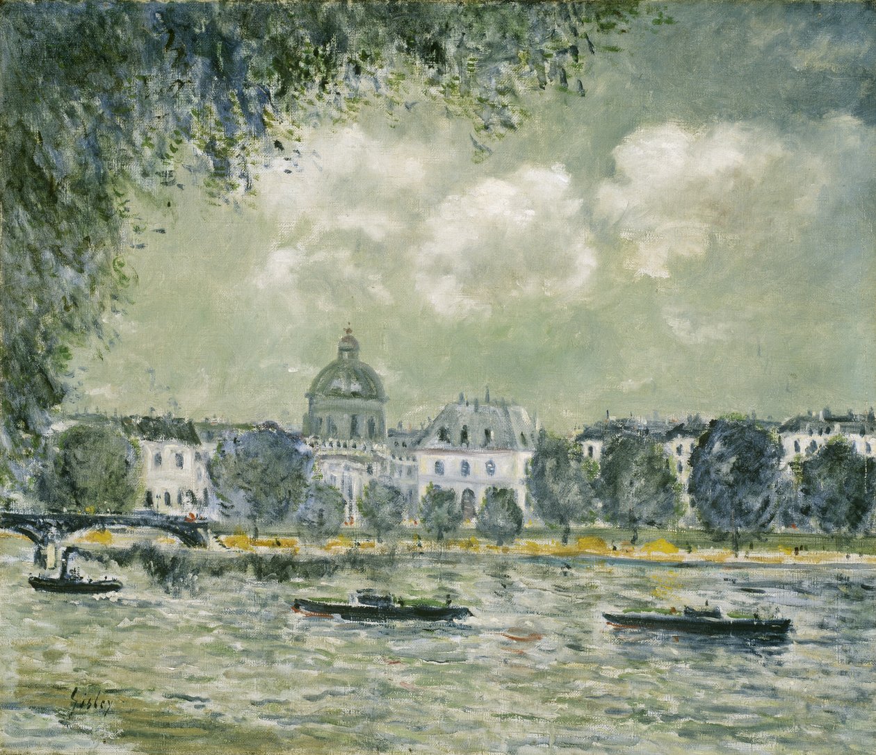 Landschap langs de Seine met het Institut de France en de Pont des Arts, ca. 1875 door Alfred Sisley