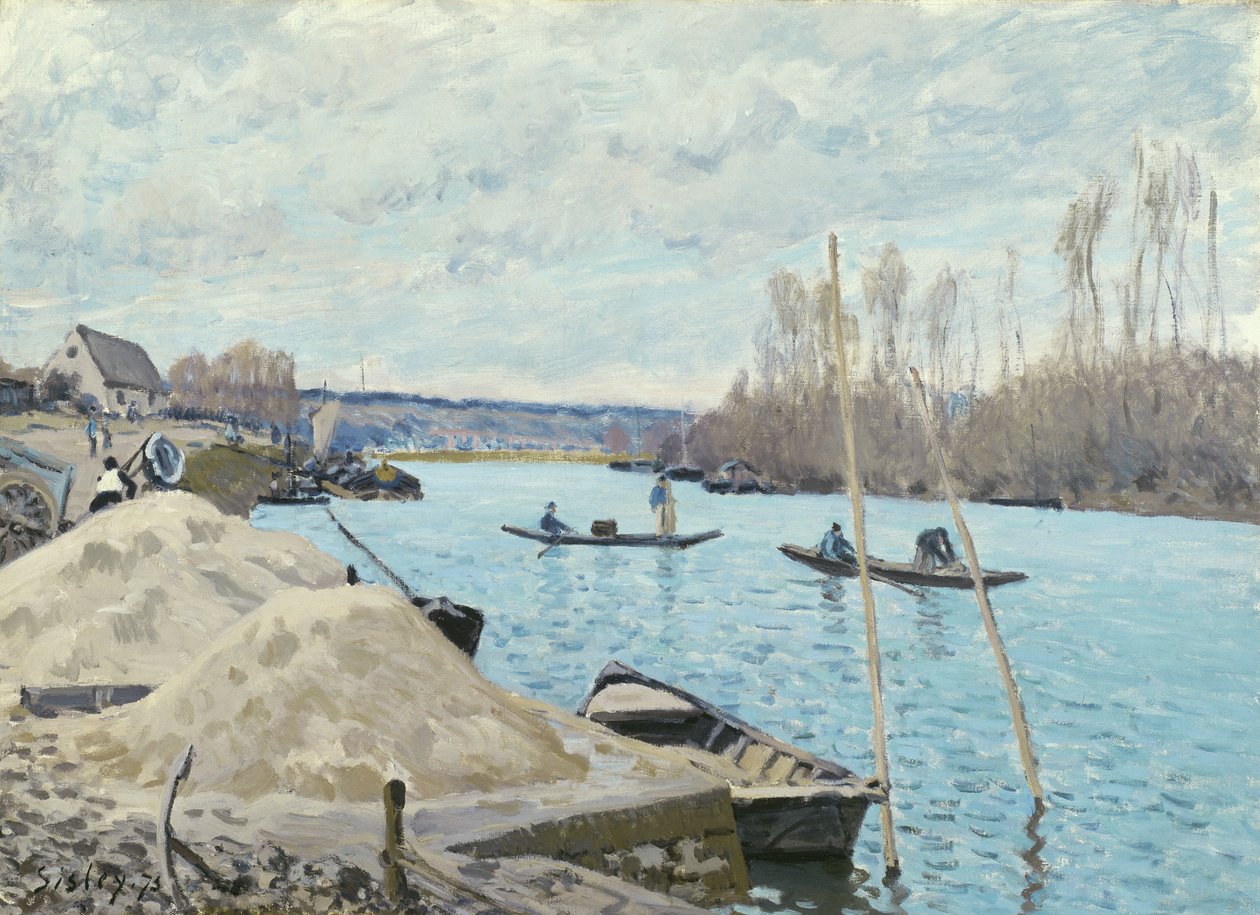 De Seine bij Port-Marly, Zandhopen, 1875 door Alfred Sisley