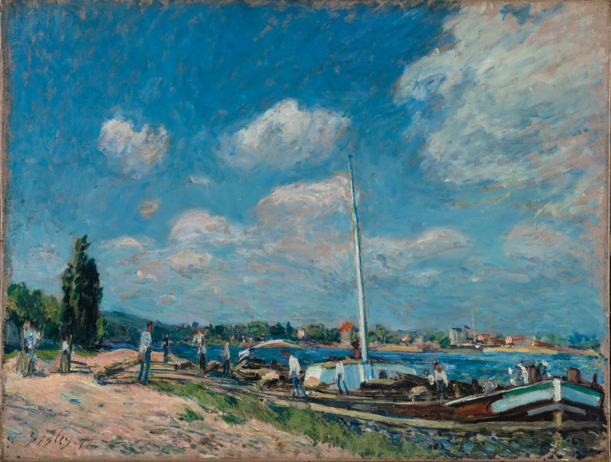 Lossen van schuiten bij Billancourt, 1877 door Alfred Sisley