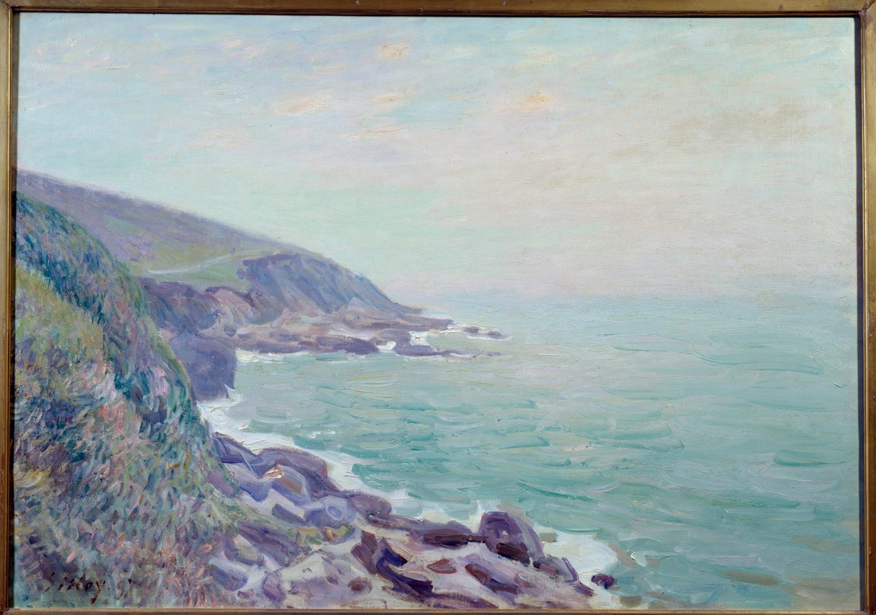 Zicht op de kusten van Wales in de mist door Alfred Sisley