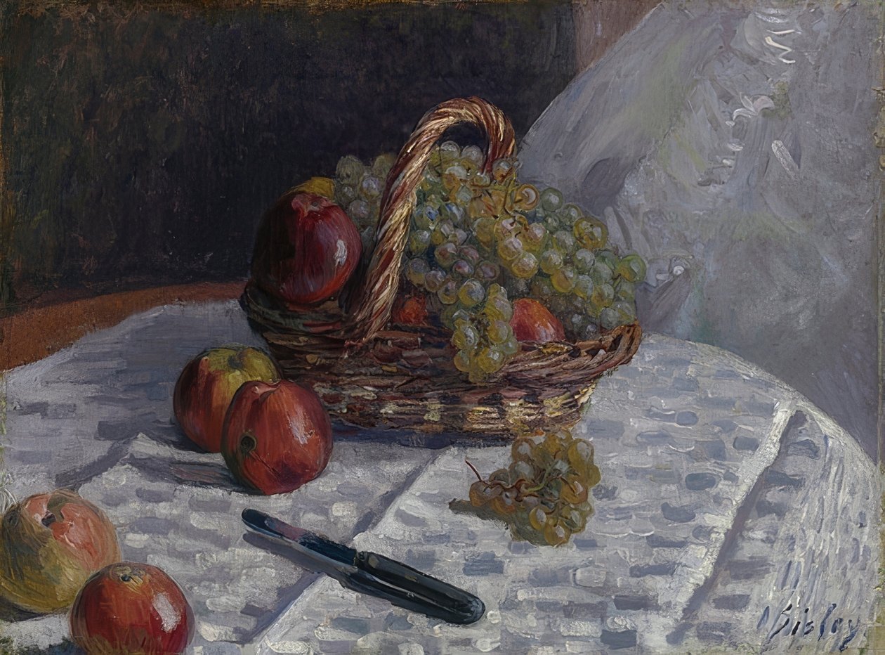 Appels en druiven in een mand door Alfred Sisley