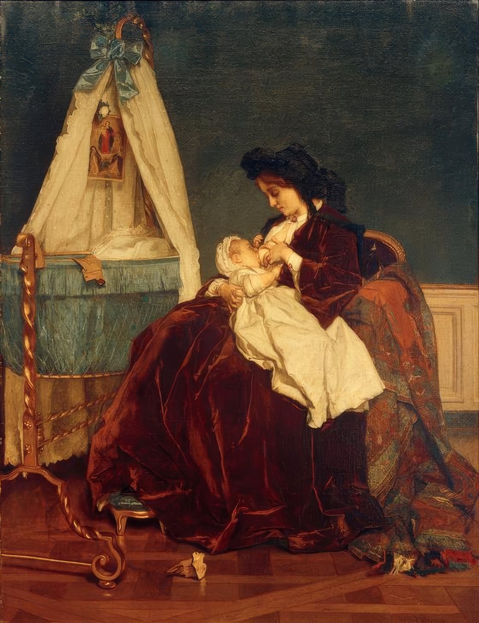 Alfred Stevens, De vrouw van de kunstenaar en zoon Léopold door Alfred Emile Stevens