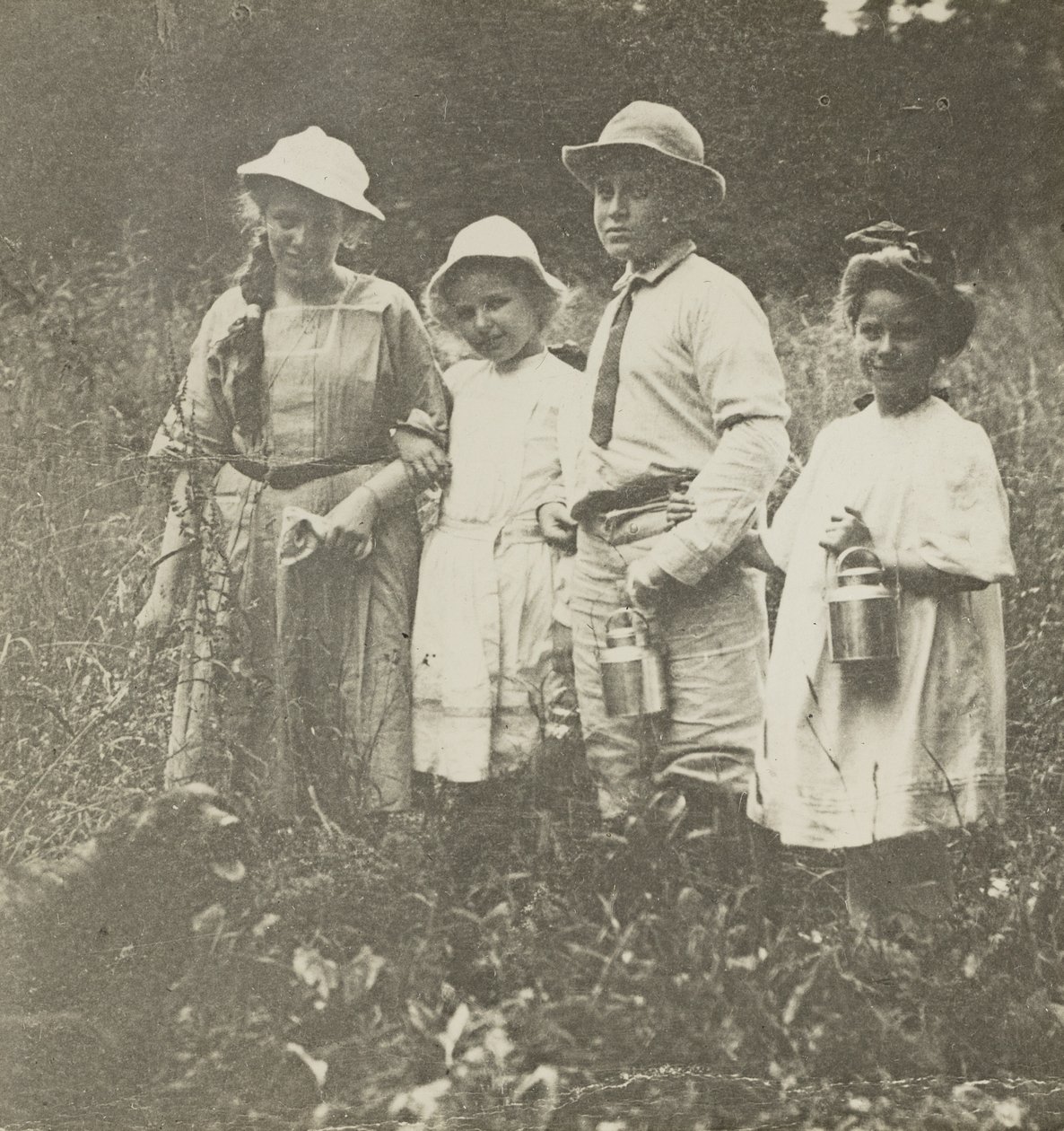 Zonder titel (Flora, Elizabeth, Howard & Kitty in Lake George veld) door Alfred Stieglitz