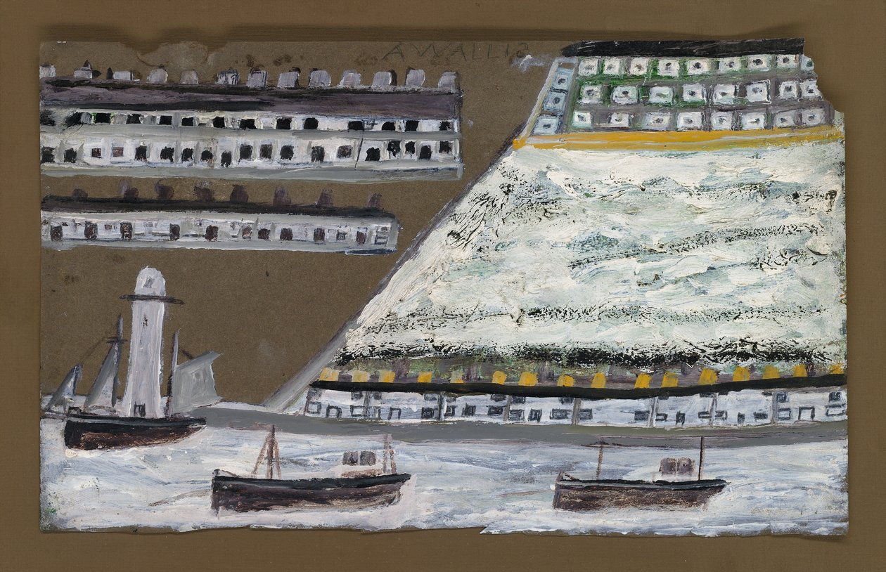 Schepen en vuurtoren, huizen door Alfred Wallis