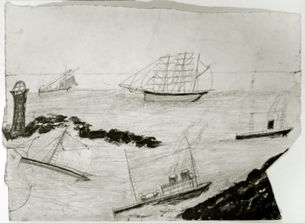 Drie zeilschepen, twee stoomschepen en Godrevy vuurtoren, ca. 1935-38 door Alfred Wallis