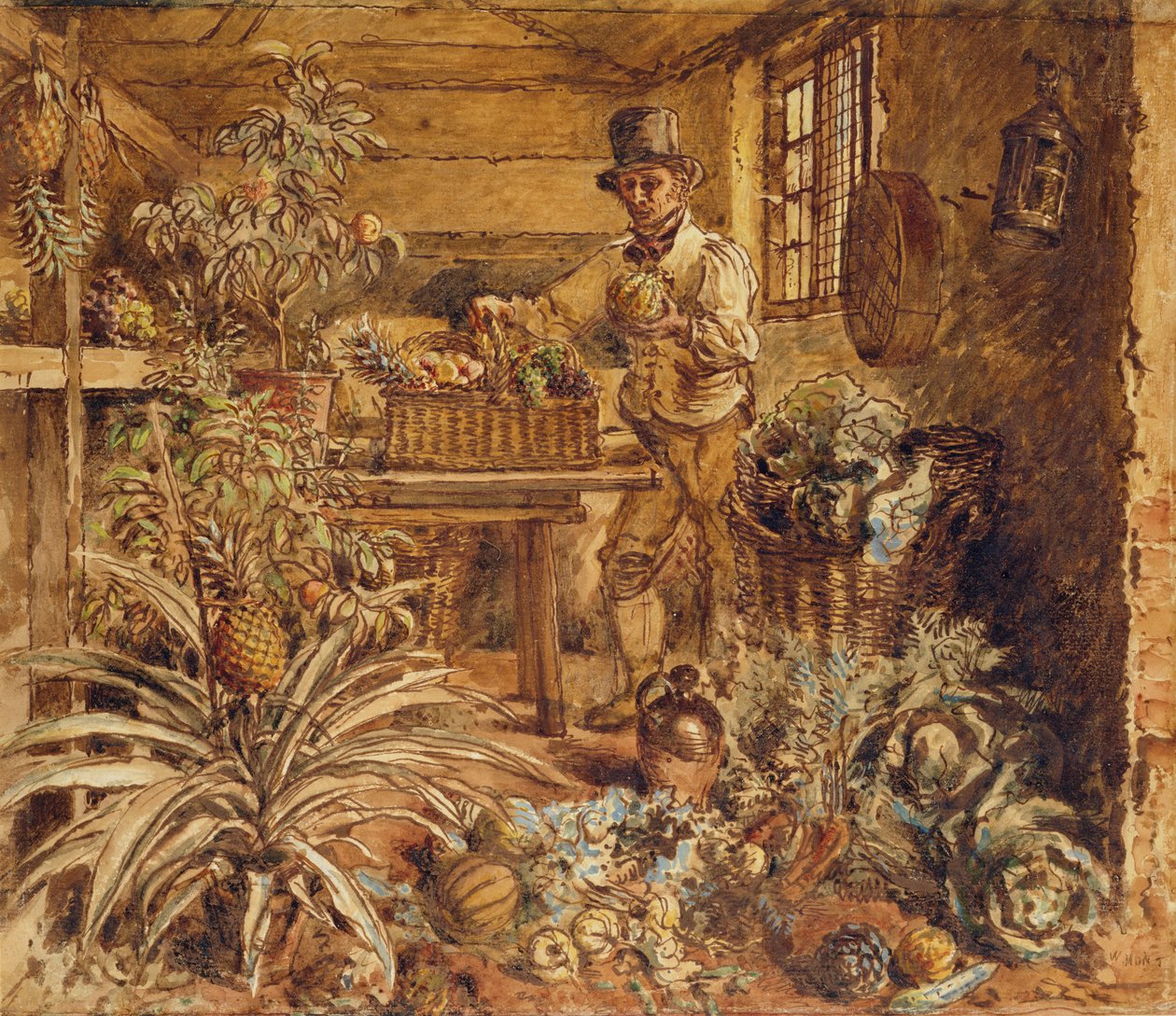 Een tuinman in een potloodschuur met ananassen en diverse groenten door Alfred William Hunt