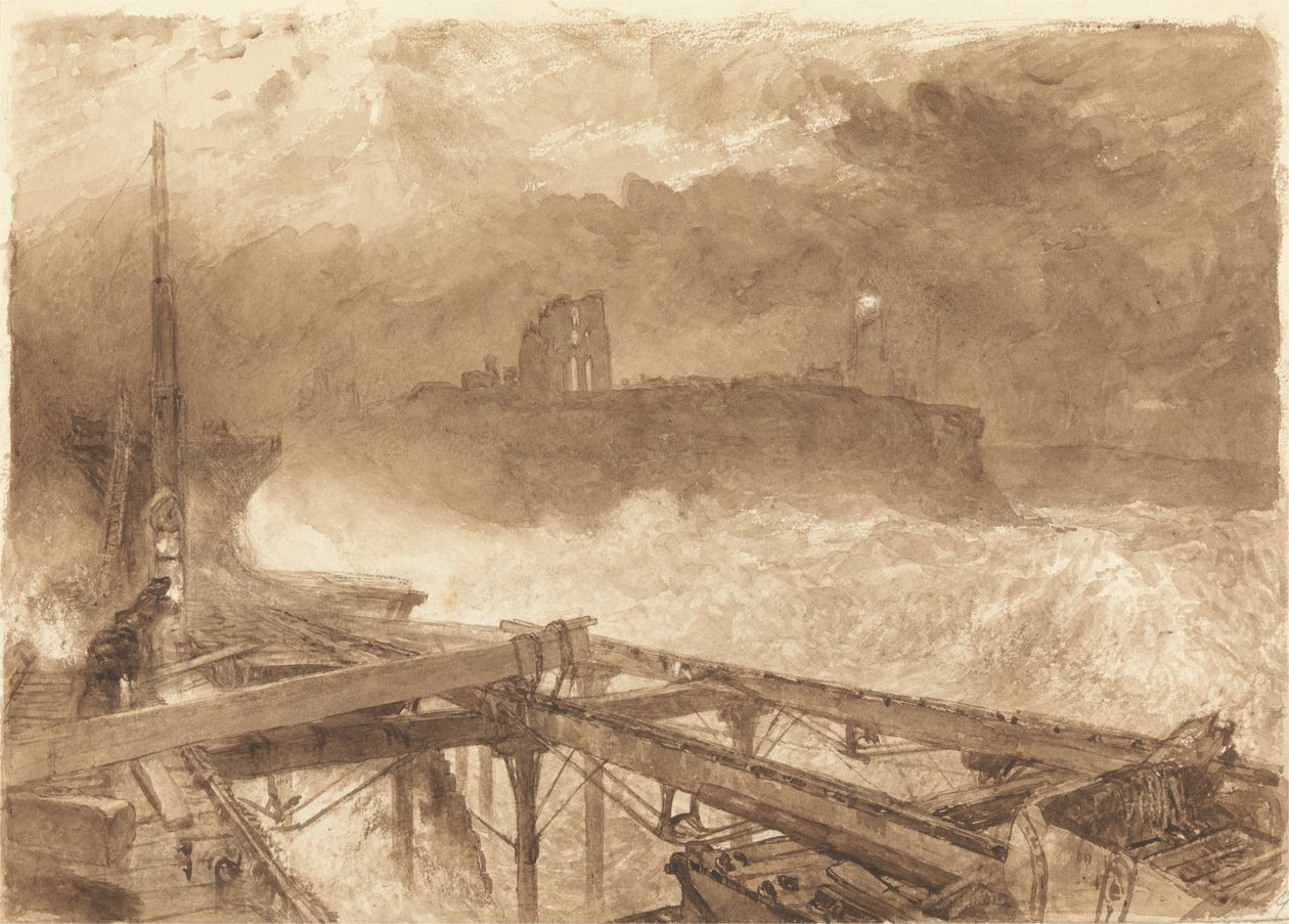 Studie voor Tynemouth Pier - Lampen Aansteken bij Zonsondergang door Alfred William Hunt