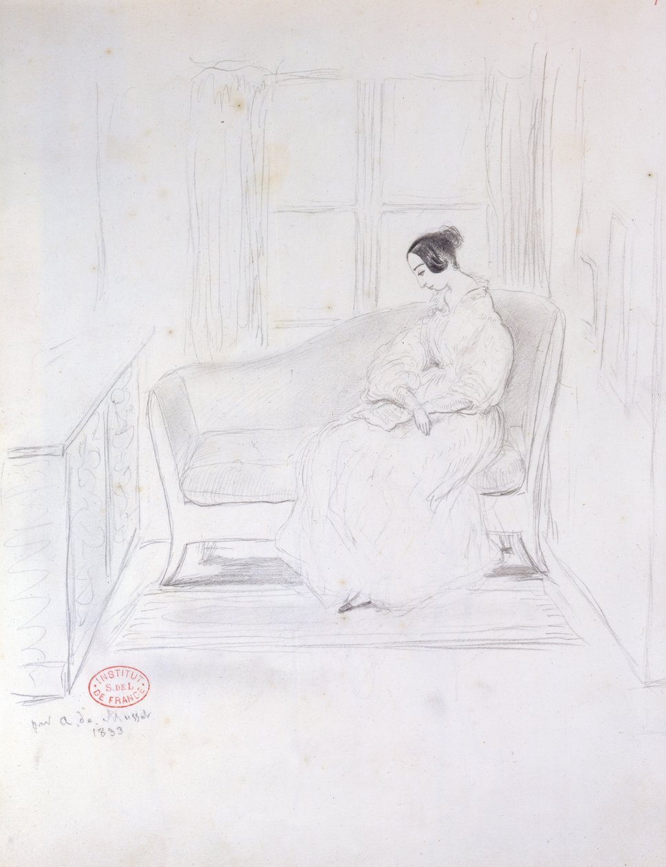 George Sand (1804-76), lezend op een sofa naast een raam, 1833 door Alfred de Musset