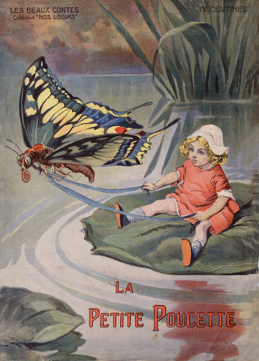 Duimelijntje. Een klein meisje zittend op een waterlelie getrokken door een vlinder. Verhaal van Hans Christian Andersen. Illustratie van Vaccari en Carrey in 