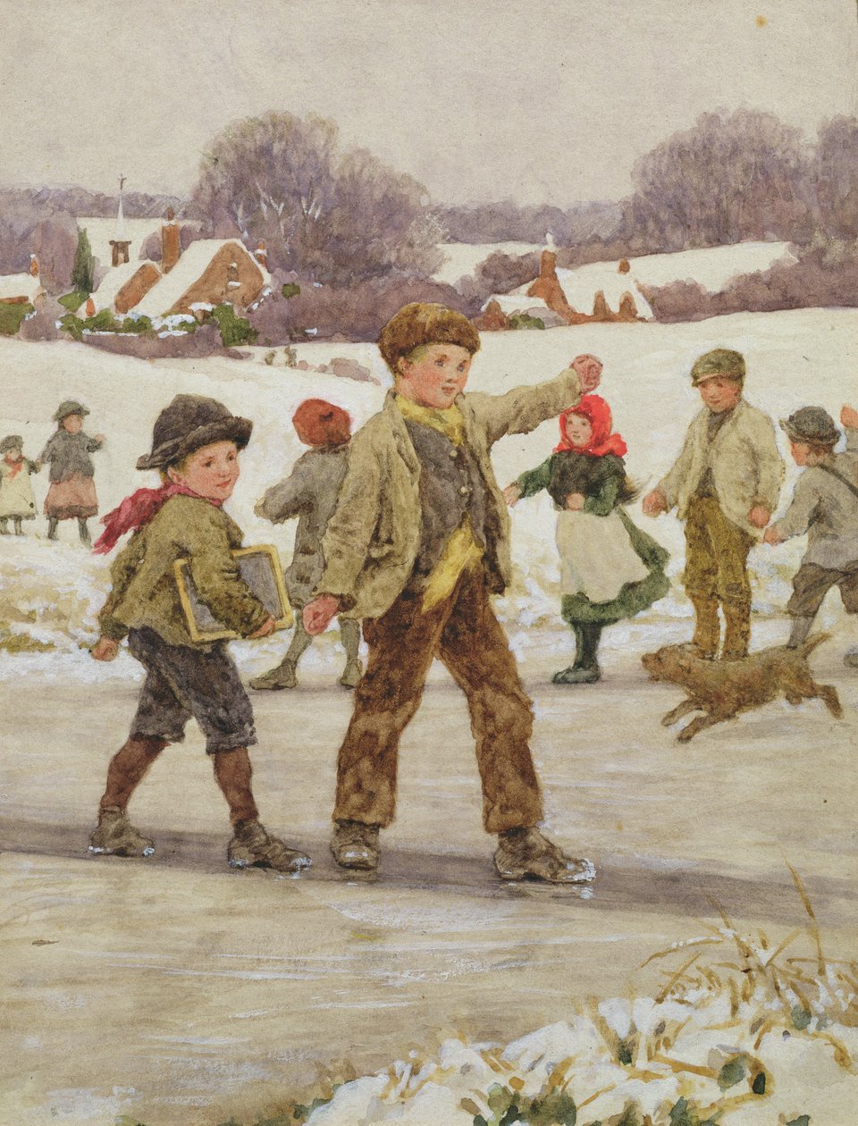 Kinderen glijden op een vijver door Alice Clausen