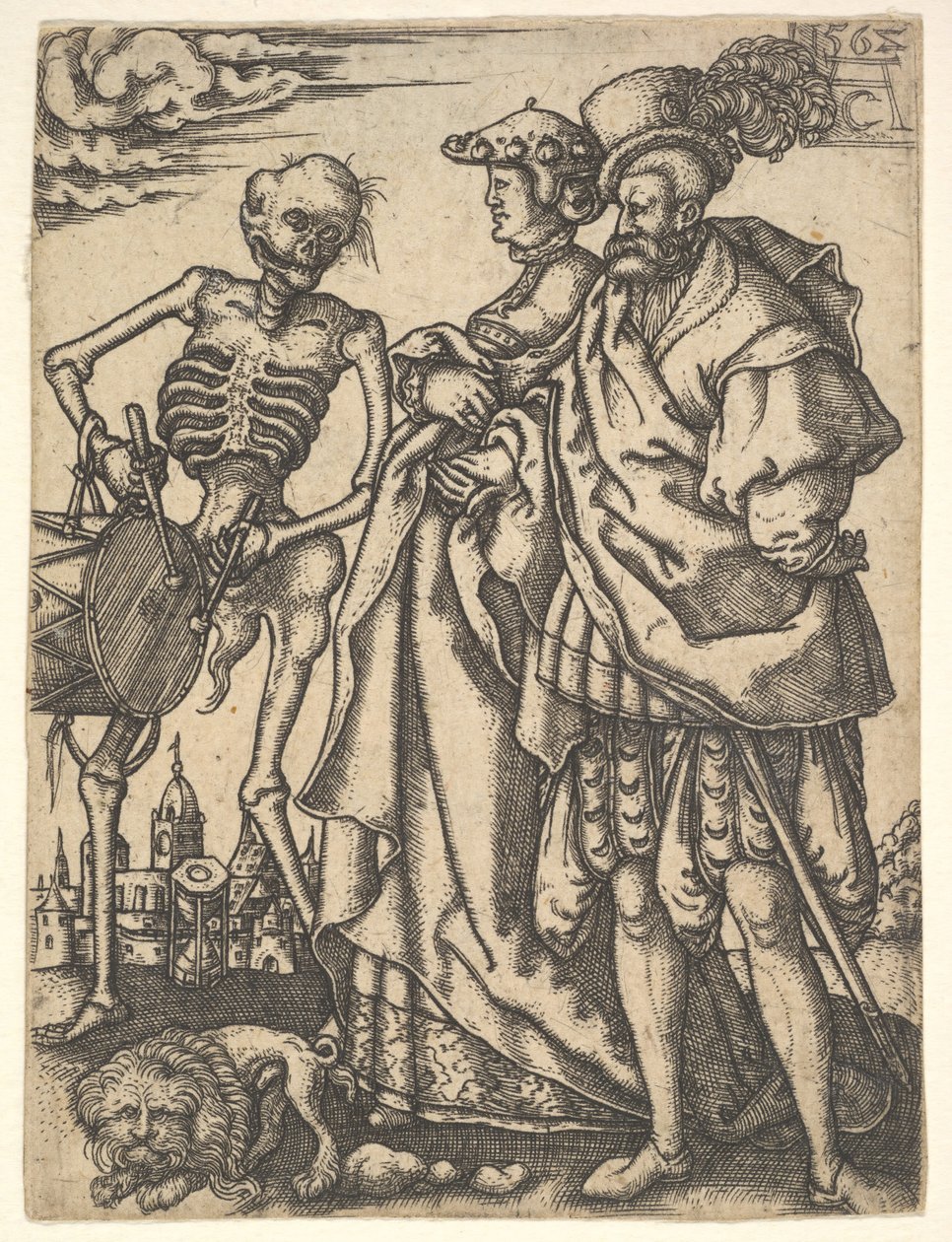 Koppel en de dood met een trommel, uit De dans van de dood door Allaert Claesz