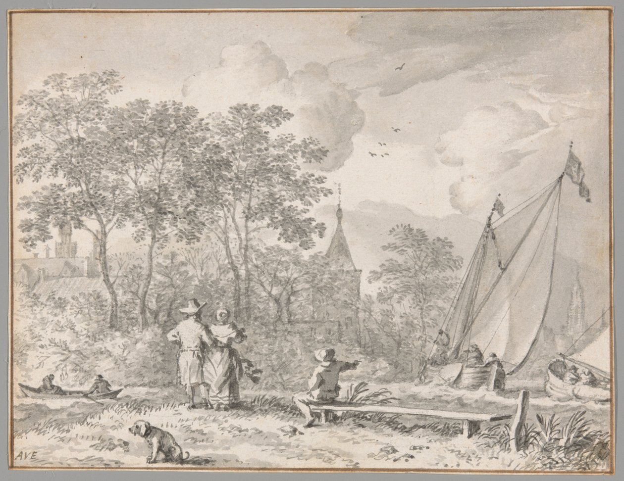 Landschap met elegante figuren bij een rivier, met boten naar rechts en een stadje achter bomen daarachter door Allaert van Everdingen