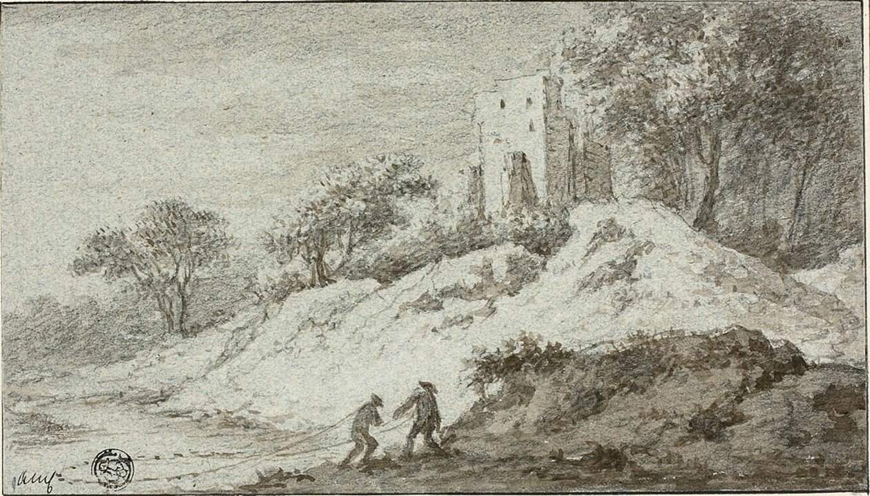 Landschap met twee figuren en kasteel op heuvel door Allaert van Everdingen