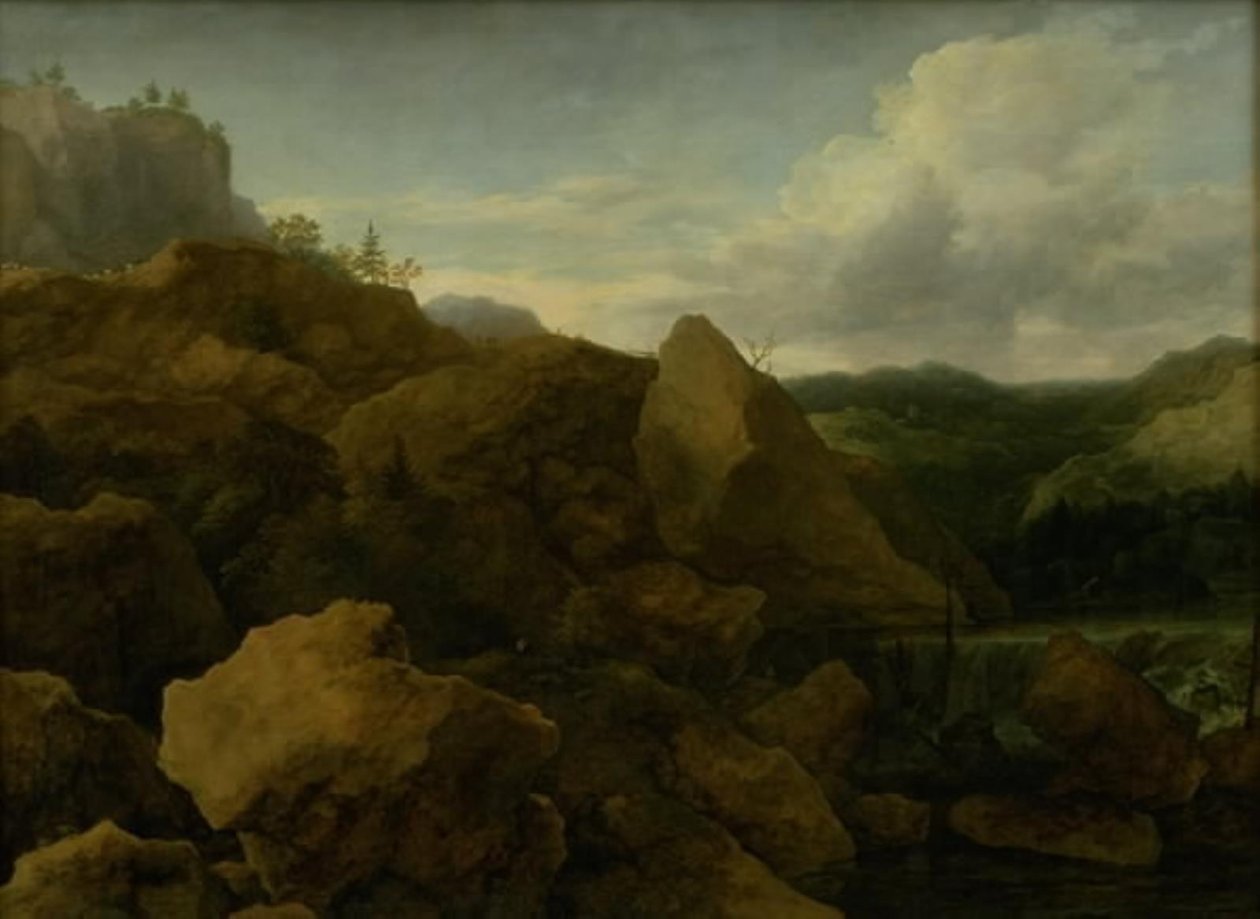 Berglandschap met waterval door Allaert van Everdingen