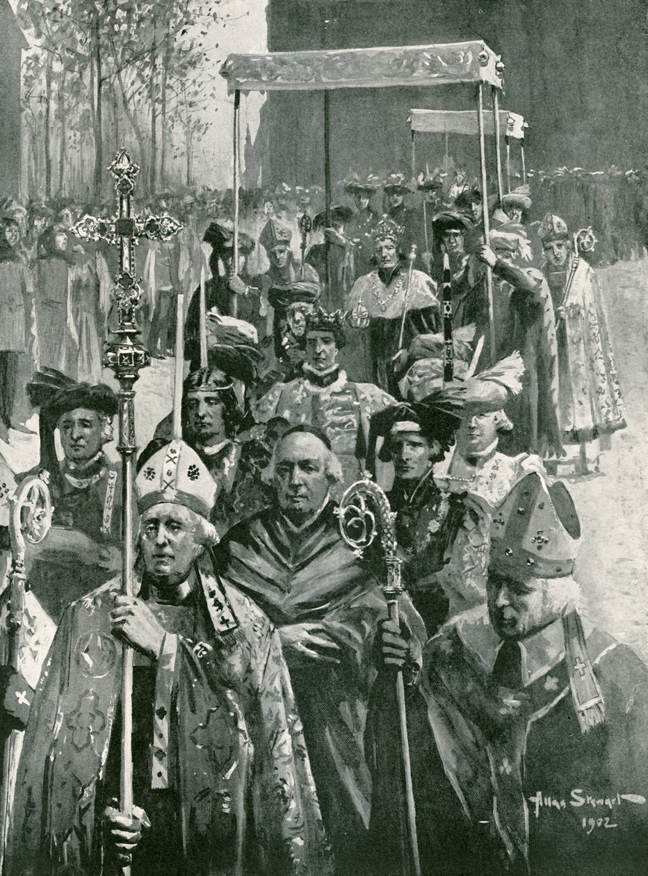 De processie van de abdij naar de hal bij de kroning van Richard III en Anne of Warwick (litho) door Allan (after) Stewart