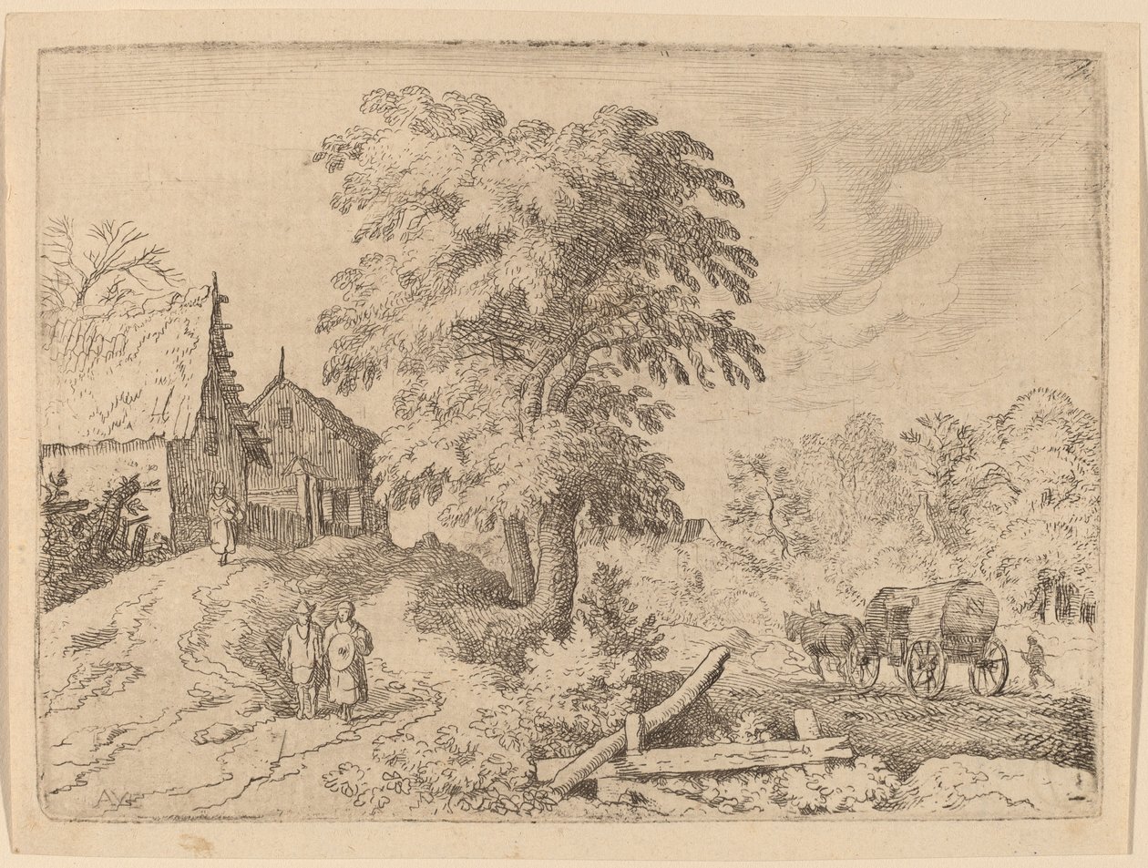Kar met twee trekpaarden door Allart van Everdingen
