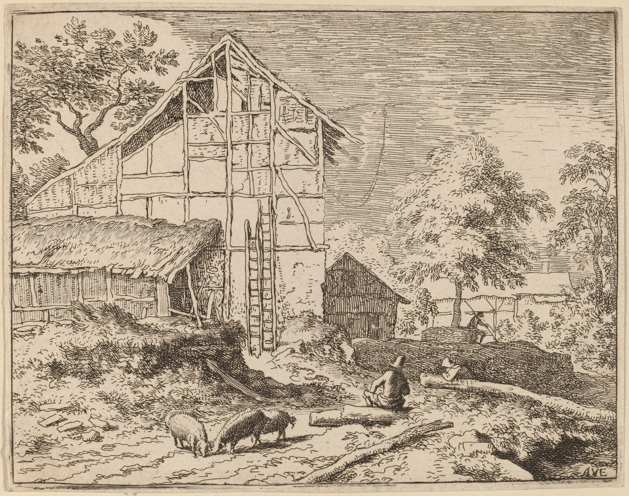 Huisje met twee ladders, waarschijnlijk ca. 1645-1656 door Allart van Everdingen