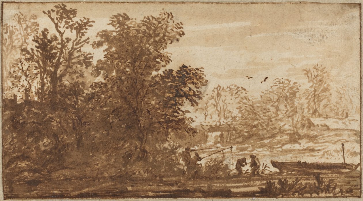 Visser in een rivierlandschap door Allart van Everdingen