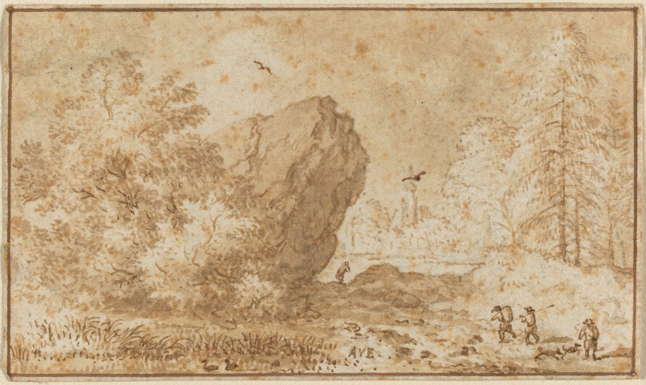 Landschap met grote rots door Allart van Everdingen