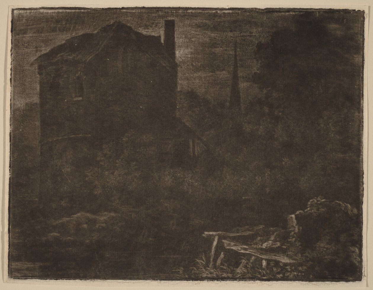 Nachtelijk landschap met huis en kerktoren door Allart van Everdingen