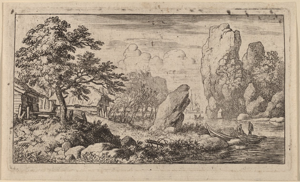 Puntige rots aan de oever van een rivier door Allart van Everdingen
