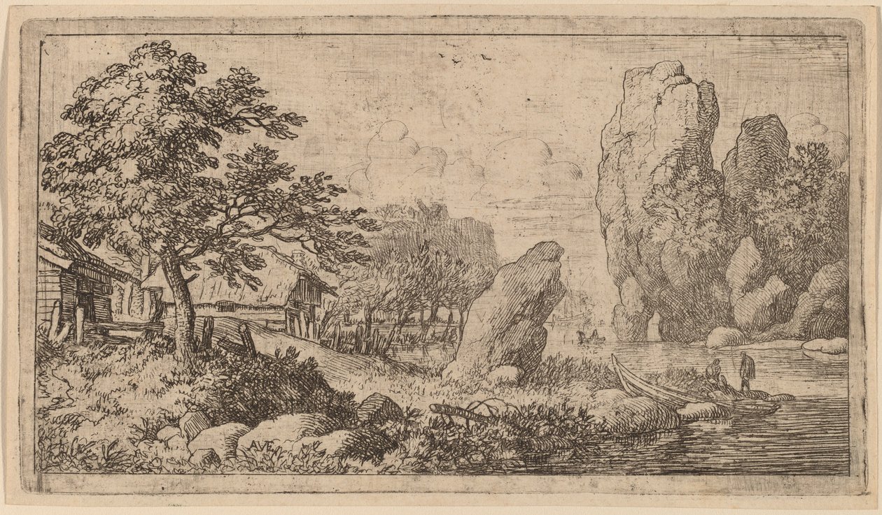 Spitse rots aan de oever van een rivier door Allart van Everdingen