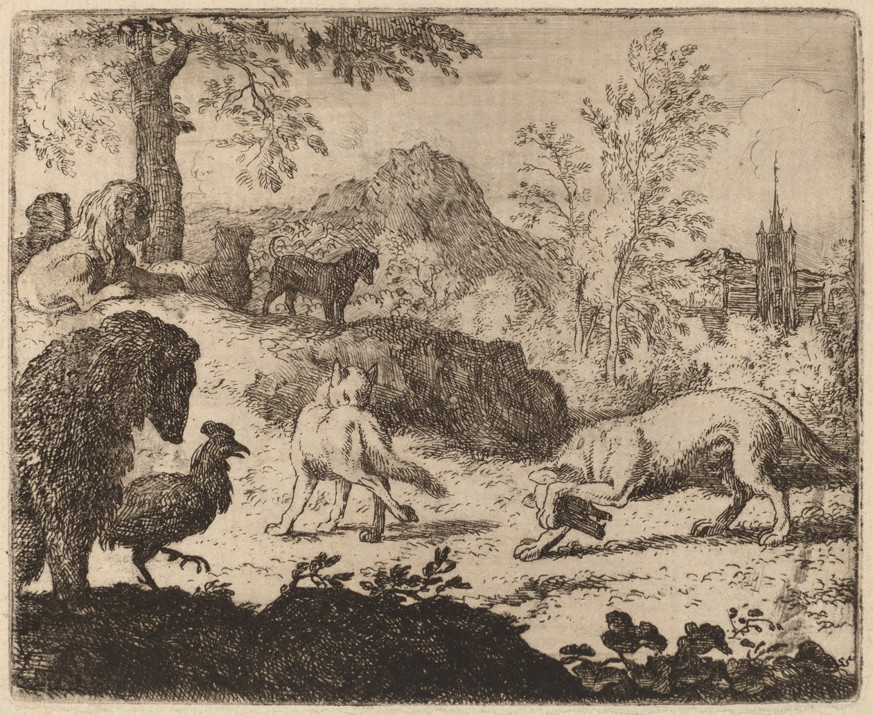Reinaert verblindt de wolf in één oog, waarschijnlijk ca. 1645-1656 door Allart van Everdingen